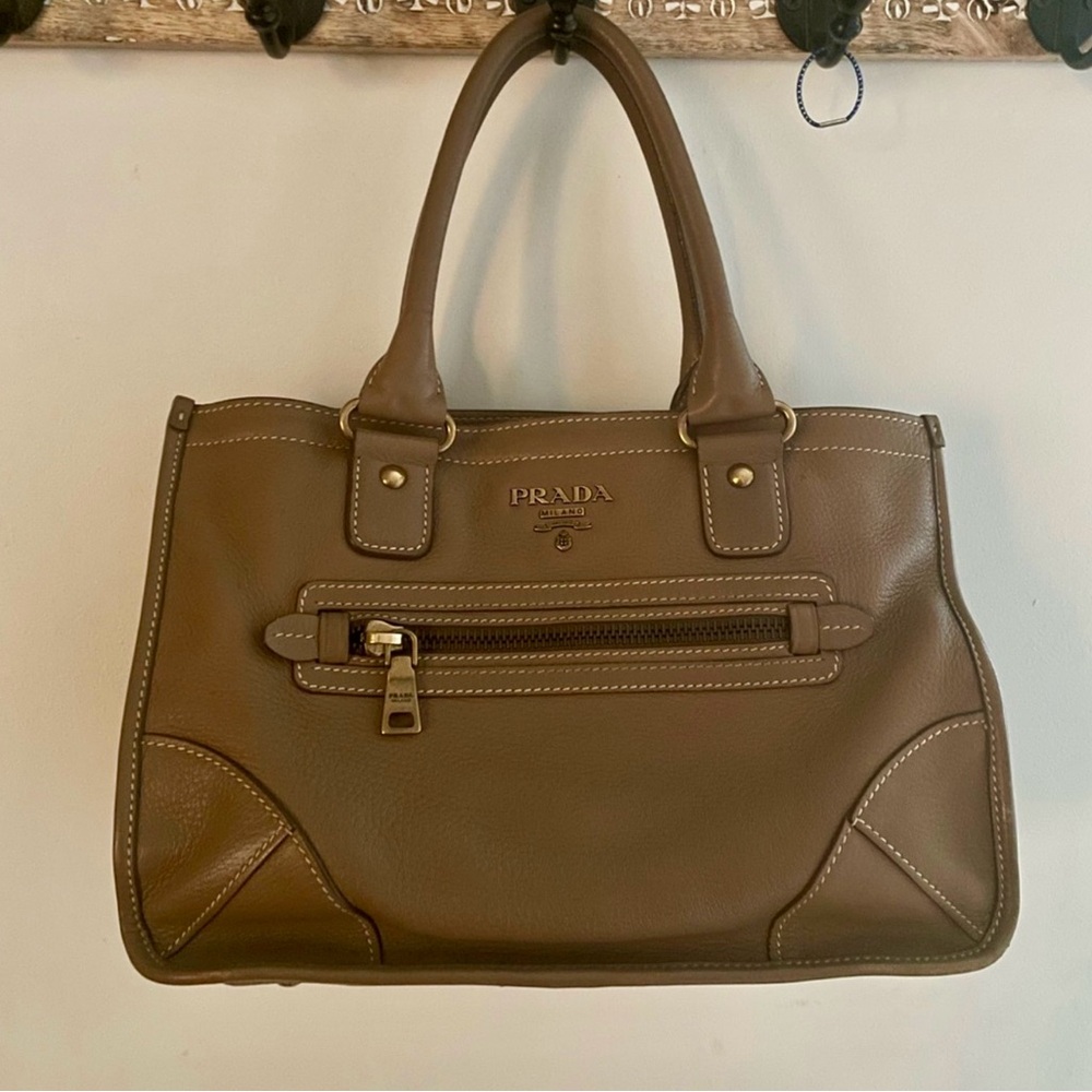 Prada 💜 HTF  Taupe Original Deer Skin Leather  Brown Top Handle Handbag